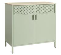 Meuble De Rangement, Buffet, En Métal, Double Porte, Fermeture Magnétique, Cadre En Acier, 40 X 80 X 76 Cm, Vert Laurier Et Couleur Chêne Naturel