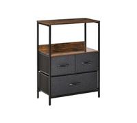Meuble de rangement commode 3 tiroirs étagère plateau acier noir MDF effet bois vieilli non tissé gris Marron