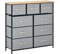Meuble de rangement commode 9 tiroirs plateau acier MDF non tissé effet bois clair noir gris Beige G