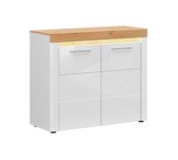 PEGANE Meuble de Rangement Commode à 2 Portes avec éclairage LED Coloris Chêne doré/Blanc Haute Brillance - Longueur 106,5 x Profondeur 42 x Hauteur 90 cm