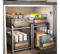 Meuble de rangement coulissant à 2 niveaux, panier de rangement polyvalent, étagère de rangement pour évier de cuisine, rails coulissants silencieux, garde-corps surélevé 2 layer