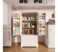 Meuble de rangement cuisine, Cadeaux de Noël et Nouvel An, Meuble alimentaire autoportant à deux compartiments Trois espaces de rangement avec 2 portes, tiroirs et anti-basculement Il s'agit d'une arm