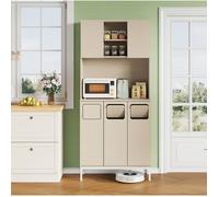 Meuble de rangement cuisine colonne 3 portes avec niche micro-ondes, espace tri déchets MDF 80x35x181 cm ORVRYN