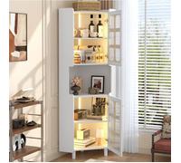 Meuble de rangement d'angle blanc laqué LED vitrine avec porte vitrée MDF 63 5 x 157 5 cm VEVXYN