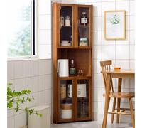 Meuble de rangement d'angle haut en bambou - Étagère de cuisine sur pied multifonction avec portes doubles ouvertes en acrylique haute définition - Plat idéal pour économiser de l'espace