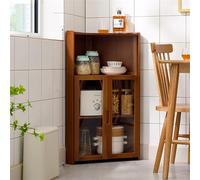 Meuble de rangement d'angle haut en bambou, multifonctionnel avec portes en acrylique transparent, design peu encombrant pour assiettes, solution élégante de décoration d'intérieur