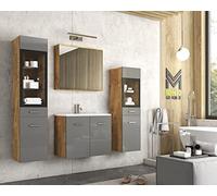 Meuble de rangement de salle de bain avec miroir et armoire murale - Couleur châtaignier - Finition brillante - Gris