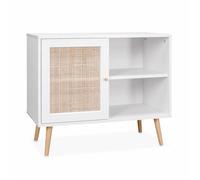 Alice's Home - Meuble de Rangement en cannage 80x39x65.8cm Bohème - Blanc - 2 Niveaux - 1 Porte - Pieds scandinaves. Buffet Bas