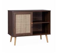 Alice's Home - Meuble de Rangement en cannage 80x39x65.8cm Bohème - Couleur Bois foncé - 2 Niveaux - 1 Porte - Pieds scandinaves. Buffet Bas