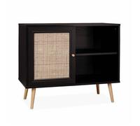 Alice's Home - Meuble de Rangement en cannage 80x39x65.8cm Bohème - Noir - 2 Niveaux - 1 Porte - Pieds scandinaves. Buffet Bas