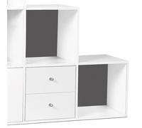 Meuble de rangement en escalier LIAM 3 niveaux bois blanc fond gris avec porte et tiroirs