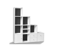 Meuble de rangement en escalier LIAM 4 niveaux bois blanc + porte/tiroirs blancs fond gris Gris G