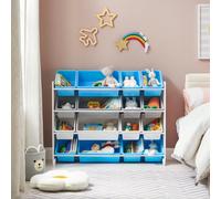 Meuble de rangement enfant - 4 Niveaux - 16 Bacs - Blanc, Bleu et Gris