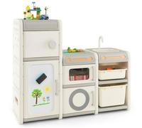 Meuble de Rangement Enfant - DREAMADE - Tableau Blanc Magnétique - 5 Stylos de Couleur - Évier et Robinet Amovibles - Beige et Gris