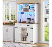 Meuble de Rangement Haut Buffet Armoire de Cuisine Vaisselier avec Éclairage LED et Prises Étagères Ajustables Bar à Café Blanc