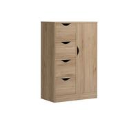 Meuble de rangement moderne 1 porte 4 tiroirs - panneaux particules aspect chêne clair