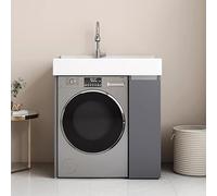 Meuble de rangement moderne 2 en 1 pour machine à laver et salle de bain, évier compact en acier inoxydable avec robinet et tuyau de vidange d'entrée d'eau, idéal pour les petits espaces, 95 cm