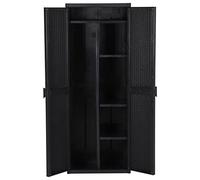 Meuble de rangement multifonction noir à 4 étagères avec porte balai, utilisation intérieure ou extérieure, design économiseur d'espace, 65 x 45 x 172 cm, idéal pour la maison et la terrasse.