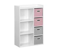 Meuble de rangement pour enfant avec 7 compartiments et 2 paniers roses et 2 paniers gris en velours