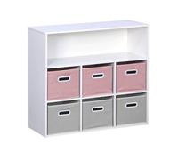 Meuble de rangement pour enfant avec 7 compartiments et 3 paniers roses et 3 paniers grisvelours