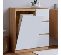 Meuble de rangement salle de bain TOMI 1 porte avec panier à linge amovible 3 tiroirs façon hêtre et blanc