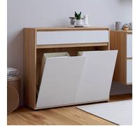 IDMarket - Meuble de Rangement Salle de Bain TOMI 2 Portes avec 2 paniers à Linge Amovibles 1 tiroir façon hêtre et Blanc