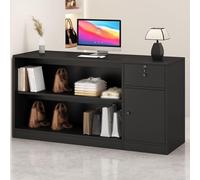 Meuble de réception avec tiroir verrouillable, comptoir avant noir, idéal pour le bureau, construction durable, design moderne, meuble peu encombrant