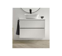 Meuble de salle de bain 2 tiroirs suspendus avec plan laque Blanc brillant + vasque à poser - Longueur 60 x Hauteur 56 x Profondeur 46,5 cm -PEGANE- Blanc brillant