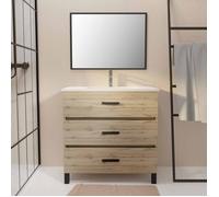 Meuble de salle de bain 80 cm - Chêne industriel - 3 Tiroirs - Vasque et Miroir