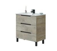 Meuble de salle de bain 80cm avec 3 tiroirs sans poignée coloris chêne à nœuds - Longueur 80 x Profondeur 45 x Hauteur 86 cm