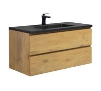 Meuble de salle de bain - Angela - 100 cm - Chene avec lavabo noir - 2 tiroirs