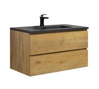 Meuble de salle de bain Angela 90 cm - Lavabo noir - Chêne - Bois - A suspendre