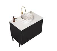 Meuble de salle de bain autoportant, plan de travail en pierre de Carrare frittée, meuble bas rayé, double portes Soft-Close, lavabo à poser, vasque en céramique blanc rond avec motif pierre, 76 cm