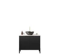 Meuble de salle de bain autoportant, plan de travail en pierre de Carrare frittée, meuble bas rayé, double portes Soft-Close, lavabo à poser (bac noir avec motif pierre, 76 cm)