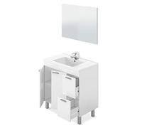 Meuble de salle de bain avec 2 portes, 2 tiroirs et miroir, Modèle Aktiva, Finition blanc brillant, Mesures : 80 cm (L) x 80 cm (H) x 45 cm (P)