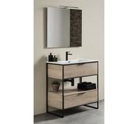 Meuble de salle de bain avec 2 tiroirs couleur chene nordique avec plan moule + miroir - Longueur 100 x Hauteur 85 x Profondeur 46 cm --