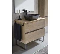 Meuble de salle de bain avec 2 tiroirs couleur chene nordique + vasque a poser + miroir - Longueur 60 x Hauteur 87,5 x Profondeur 46,5 cm --