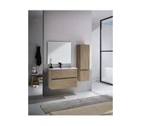 Meuble de salle de bain avec 2 tiroirs suspendus couleur chene Nordique avec plan moule + miroir + colonne --