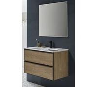 Meuble de salle de bain avec 2 tiroirs suspendus couleur chene Nordique avec plan moule + miroir - Longueur 60 x Hauteur 50 x Profondeur 46 cm --