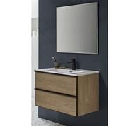 Meuble de salle de bain avec 2 tiroirs suspendus couleur chene Nordique avec plan moule + miroir - Longueur 60 x Hauteur 50 x Profondeur 46 cm --