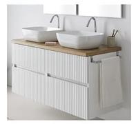 Meuble de salle de bain avec 4 tiroirs supendus blanc avec plan texture coloris chêne nordique + vasques à poser - Longueur 120 x Hauteur 56 x Profondeur 46,5 cm -PEGANE- blanc