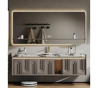 Meuble de salle de bain avec évier, design flottant, comprend un miroir anti-buée intelligent LED, un comptoir en marbre, une armoire en bois massif, une lumière à capteur et des tiroirs de rangement