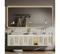 Meuble de salle de bain avec évier, design flottant, comprend un miroir anti-buée intelligent LED, un comptoir en marbre, une armoire en bois massif, une lumière à capteur et des tiroirs de rangement