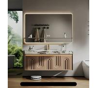 Meuble de salle de bain avec évier, design flottant, comprend un miroir anti-buée intelligent LED, un comptoir en marbre, une armoire en bois massif, une lumière à capteur et des tiroirs de rangement