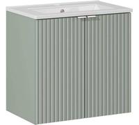 Meuble De Salle De Bain Avec Lavabo 60 Cm – Line Reed Green Avec Façade Fraisée Et Poignée Argentée