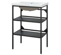 Meuble de salle de bain avec lavabo noir - Fer revêtu par pulvérisation robuste et moderne - Étagère peu encombrante pour petites salles de bain - Solution de rangement stable avec montage facile