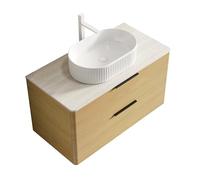 Meuble de salle de bain avec lavabo ovale en céramique et extérieur rayé, panneau de travertin fritté, meuble bas moderne avec bords incurvés, deux tiroirs (chêne, 90 cm)