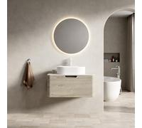 Meuble de salle de bain avec lavabo ovale et meuble inférieur, 80 cm, avec plaque de travertin, fermeture amortie, avant incurvé, meuble de salle de bain prémonté en chêne crème
