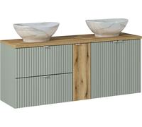 Meuble de salle de bain avec plaque et 2 vasques - 140 cm en vert élégant et style bois