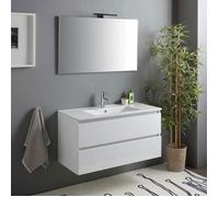 Meuble de salle de bain avec tiroirs 100cm blanc brillant, lavabo et miroir avec lampe | Benaco